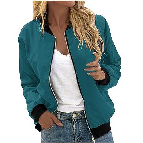 AnnSemo Bomber Jacket Women Lightweight Flight Jackets Long Sleeve Full Zip Up Coats Sportwear Tops Casual Solid Quilted Coat Plus Size Baseball Jacket Outdoor Windbreaker Coat with 2 Pockets