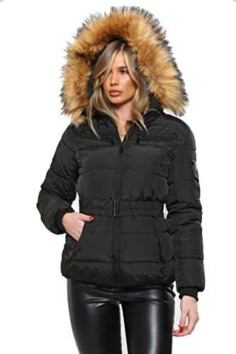kraftd Womens Winter Jackets Hooded Padded Short Belted Coat With Detachable Faux Fur Trim Hood