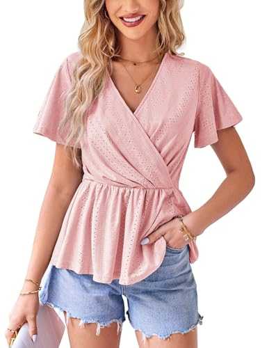 GRACE KARIN Womens Long Sleeve Tops V Neck Eyelet Top Peplum Blouse Casual Fall Wrap Top