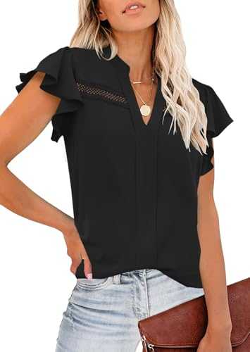 Aifer Womens Summer Blouses Dressy Casual V Neck Lace Crochet Flutter Short Sleeve Work Shirts Trendy Tops 2025