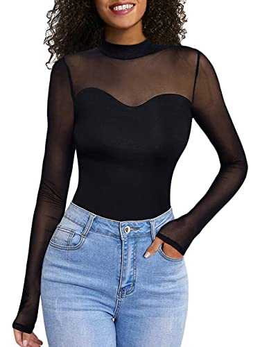 Women's See Through Mesh Tops - Long Sleeve Mock Neck Sheer Tee Top Casual Club Party T Shirts