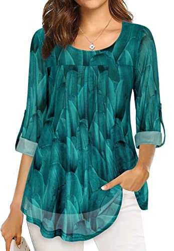 SeSe Code Womens 3/4 Roll Sleeve Mesh Blouses Pleated Stretch Shirts Flowy Tops
