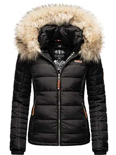 MARIKOO Lerikaa Women's Quilted Winter Jacket with Removable Faux Fur, Black, XXL