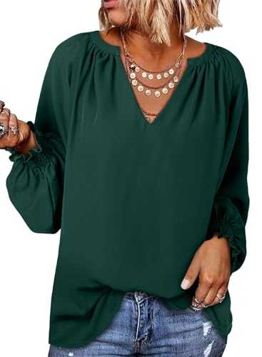 Dokotoo Womens Blouses Smocked Puff Long Sleeve Oversized Women's T-Shirts V Neck Women Fall Outfits Shirts Casual Chiffon Ladies Tops S-XXL