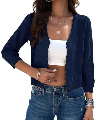 Kate Kasin Women's 2024 Cropped Cardigan Sweaters Trendy Lightweight 3/4 Sleeve Button Down Crochet Textured Shrugs Top