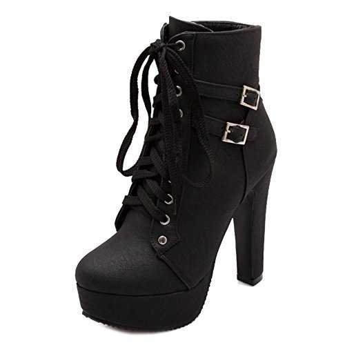 Onewus Fashion Women Lace-up Platform Boots High Block Heel Ankle Booties