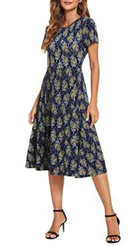 EXCHIC Women's Summer Elegant Floral Midi Dress Casual High Waist A Line Knee Long Dress