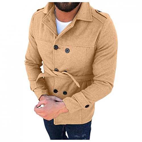 NC Mid-length Trench Coat Men,Gentlemen Notch Lapel Double Breasted Winter Woolen Business Trenchcoat Wool Blend Pea Coats Stylish Belted Windbreaker Slim Fit Short Coat