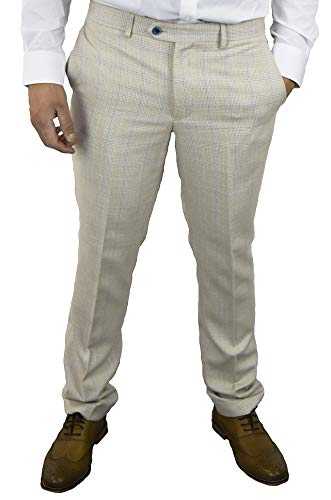 Cavani Men's Suit Trousers Slim Fit Check Pants Formal Wedding Work Smart Beige, 32