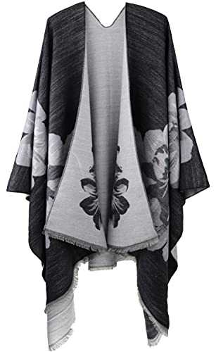 Womens Reversible Oversized Poncho Cape Warm Shawl Wrap Open Front Printed Blanket Cardigans (One Size, Plain Dispersion Beard