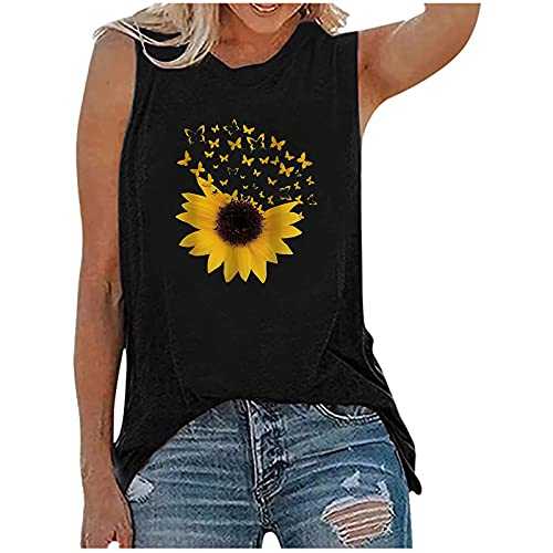 Lycurgius Ladies Tops Summer Sleeveless Sunflower Printed Casual Tank Tops Elegant Going Out Loose Fit Vest Tshirt Round Neck Lightweight Comfy Holiday Tanks Blouses