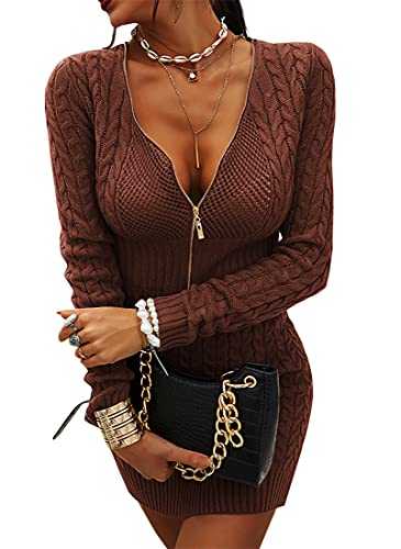 Veatzaer Womens Zipper V-Neck Casual Slim Fit Sweater Dress Long Sleeve Solid Sweaters Knit Mini Dress