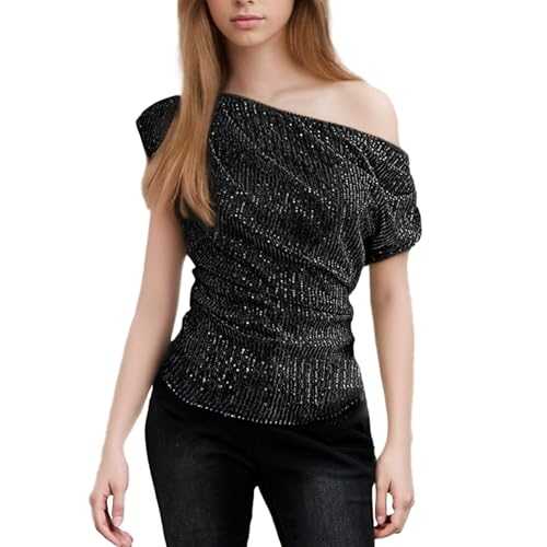 Fiohiros One Shoulder Sequin Top,Sequin Sparkly Top for Women Tighten The Waist,Ruched Wrap Glitter Top for Party,Bar Shirt