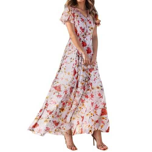 Spring/Summer Floral Printed Long Dress Plus Size Women Fashion Ruffle Short Sleeve Maxi Dresses Casual V Neck Waist Party Dresses Elegant Loose Spliced Flowy Wide Hem Prom Dress for Daily Vacation