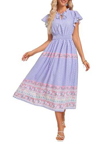 GRACE KARIN Women Summer Ruffle Sleeves Floral Dress Casual Crew Neck Flowy Swing Dresses Boho Beach Maxi Dress