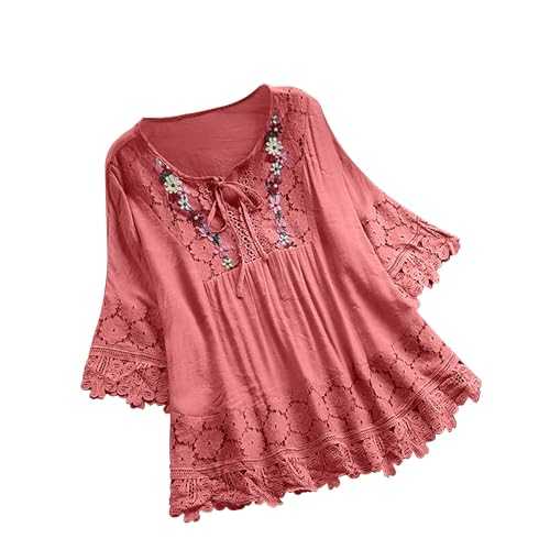 Womens Tops Cotton Linen Embroidered Tops V Neck Loose Fit 3/4 Sleeve Shirts Summer Blouse Casual T Shirts Boho Peasant Trendy Clothes Dressy Pullover Baggy Streetwear