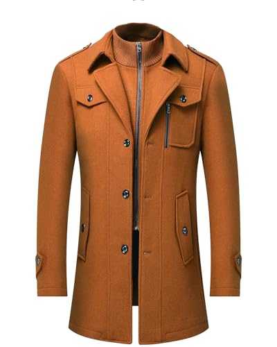 Ambcol Men's Wool Blend Pea Coat With Detachable Inner Collar Single Breasted Trench Coats