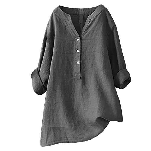 Womens Linen Shirt Tops Long Sleeve Casual Button up Summer Blouses V Neck Roll Up Loose Tees Dressy Blouse Office Work Ladies Tops Plus Size Solid Color T-Shirt 2025