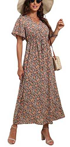 GRECERELLE Womens Summer Maxi Boho Beach Dress Floral Print Dress V Neck Short Sleeve Drawstring High Waist Flowy Long Midi Dresses