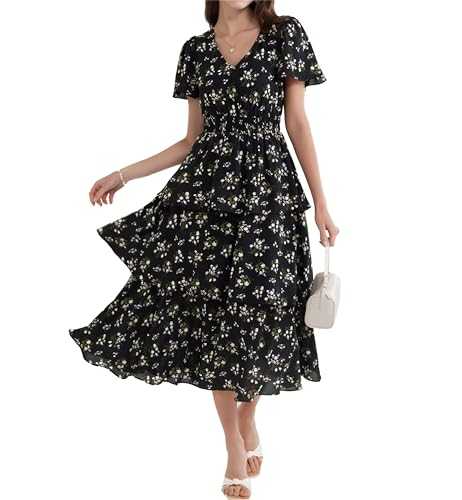 GRACE KARIN Women Floral A-Line Swing Casual Party Long Dresses V Neck Short Flutter Sleeve Smocked Tiered Dress