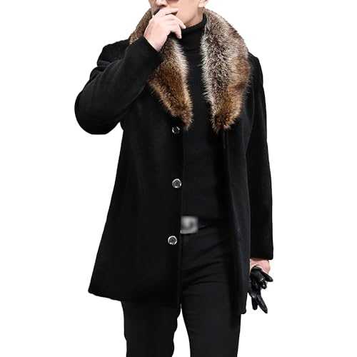 Gsywaipei Mens Fur Collar Trench Coat Winter Casual Single Breasted Overcoat Classic Wool Blend Business Peacoat