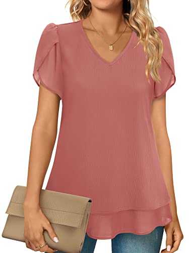 Furnex Women's Petal Short Sleeve V Neck Blouses Double Layers Chiffon Tunic Tops