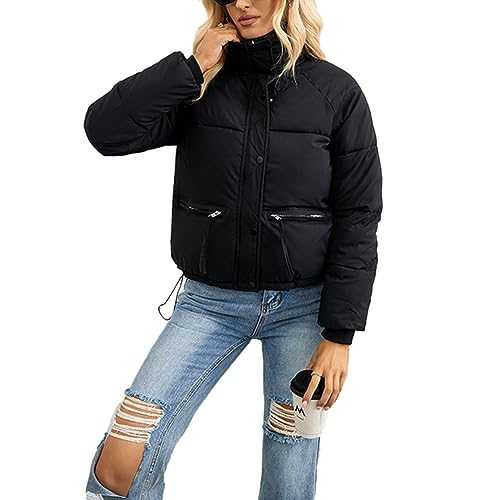 FeMereina Women's Winter Hooded Puffer Jacket Oversized Long Sleeve Stand Collar Zip Up Quilted Short Down Coat with Pockets