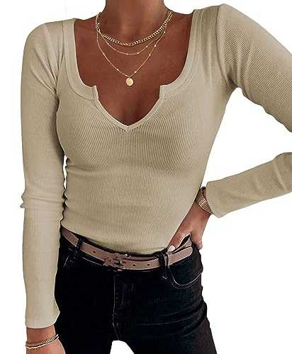 TrendiMax Women Notch Neck Long Sleeve T Shirts Slim Fitted Blouse Basic Ribbed Knit Tops