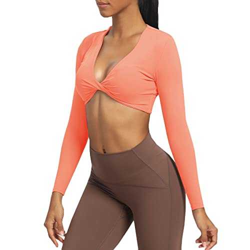 Aoxjox Long Sleeve Crop Tops for Women Sienna Twist Deep V Workout Crop T Shirt Top