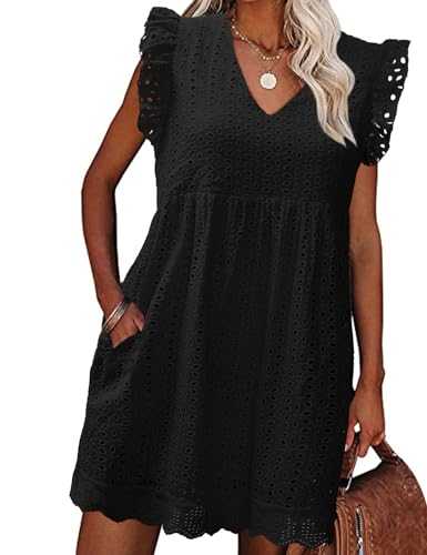 heekpek Womens Summer Dress Casual V Neckline Ruffle Sleeve Loose Fit Dress Boho Sundress Beach Mini Short Dresses for Holiday Beach Daily