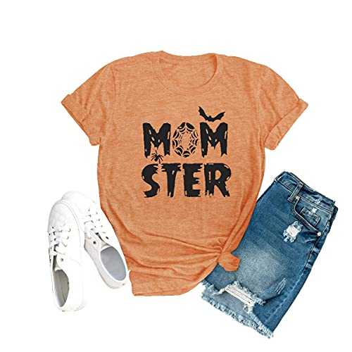 Momster T Shirt Women Funny Halloween Spider Bat Graphic Tee Casual Mom Ster Letter Print Hocus Pocus Tops