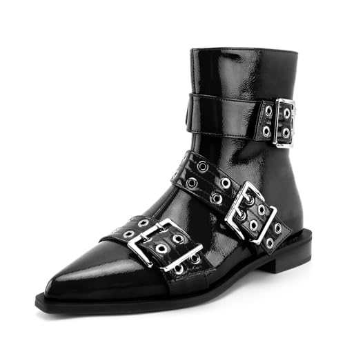 KaroNairy Ankle Boots for Women Wide Buckle Boots Pointed Toe Low Heel Boots Pull on Fashion Dress Short Boots