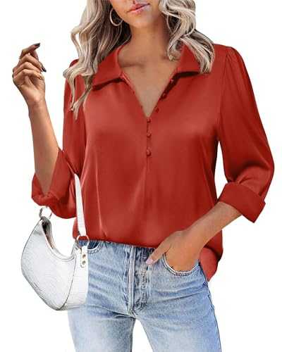 Gaharu Women's Blouse Soft Satin Silk Shirts Button V Neck Long Sleeve Office Work Tunic Tops