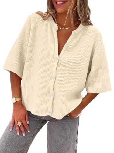 LILLUSORY Short Sleeve Cardigan Sweaters for Women 2025 Summer Cropped Button Up Sweater Tops Casual Shirt Y2K Outfits, Apricot, M