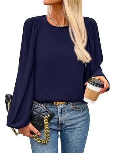 PRETTYGARDEN Womens Tops 2025 Spring Puff Long Sleeve Chiffon Work Blouses Dressy Casual Crewneck Flowy Shirts Fall Outfits