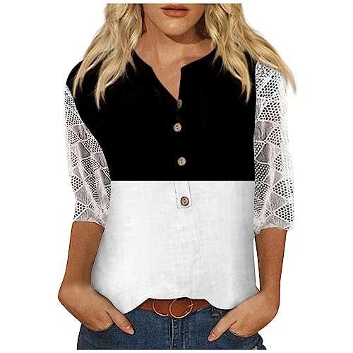 Women's Three Quarter Sleeve Tops V Neck 3/4 Shirts Print Lace Casual Blouse Loose Work Tunic Tops for UK, S-5XL