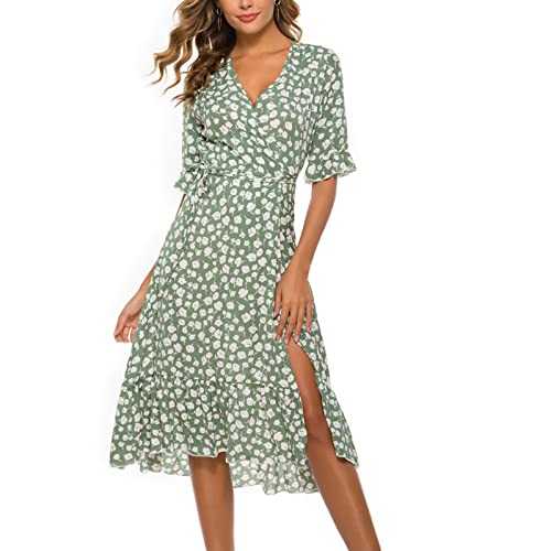 Womens Summer Maxi Dress UK Clearance Boho Floral Cocktail Midi Split Wrap Dresses V Neck Half Sleeve Casual Party Bohemian Flowy Long Dress for Ladies Sundress Elegant Wrap Waist Casual Dress