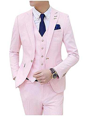 Men's Classic 3 Piece Prom Blazer Vest Pants Slim Fit Suit Pink XL
