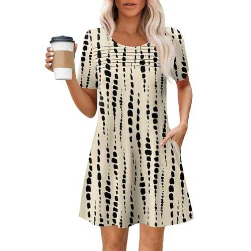 Summer Dress Women's Airy Elegant Plain Dress Comfortable Short Sleeve Summer Dresses A-line Casual Dress Cotton Knee-Length Blouse Dress Ribbed Short Shirt Dress with Pockets