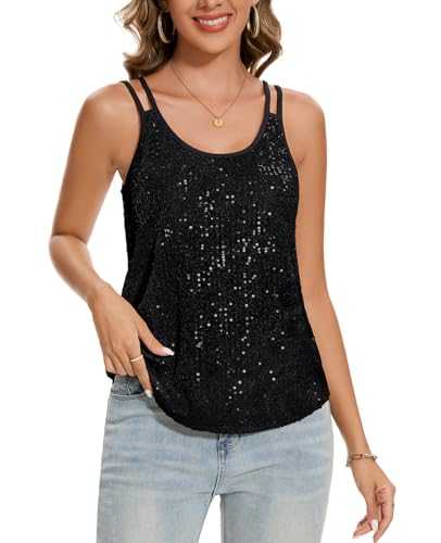 MINTLIMIT Sequin Vests Top for Womens Sexy Scoop Neck Double Shoulder Straps Sleeveless Full Body Lined Solid Tank Top Evening Party Sparkly Vest Tank Tops