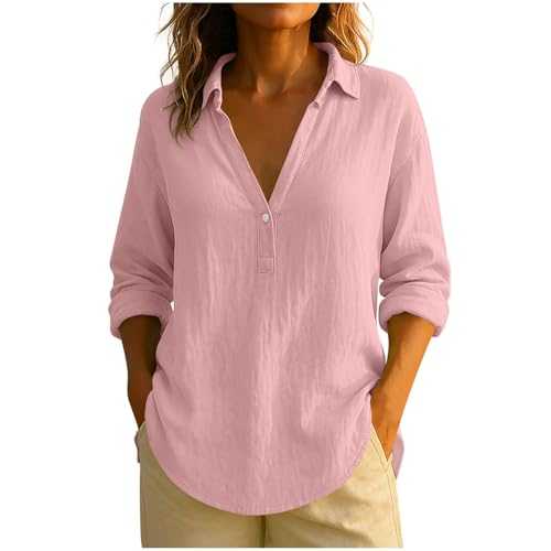 Cotton Linen Long Sleeves Blouse for Women UK Ladies Button Down V Neck T Shirts Casual Solid Color Tops Women's Autumn Loose Fit T-Shirt Trendy Baggy Blouses Work Office Tunic Tops Basic Shirt