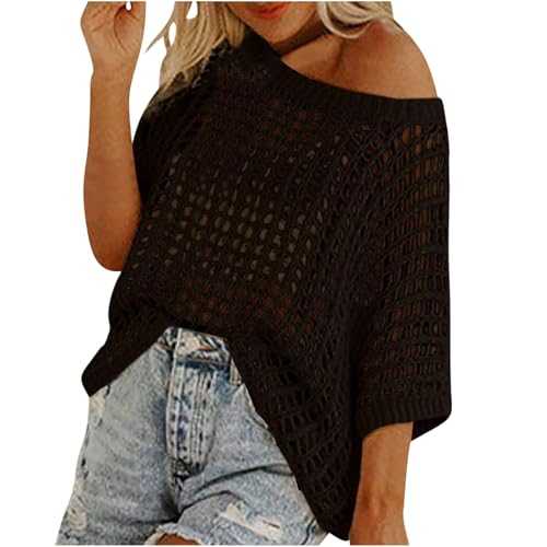 Womens Y2K Crochet Fishnet Long Sleeve Top Off The Shoulder Jumper Going Out Oversized Knitted Cover Up Sweater Lightweight Baggy Hollow Out Pullover Tops Knitwear Summer