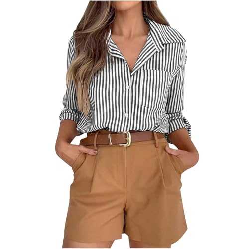Blouses for Women UK Striped Dress Shirts Button Down Shirt Casual Loose Long Sleeve Office Work Tunic Tops Collared Neck Roll Up Long Sleeve Blouse Regular Fit Tee Shirt with Pocket