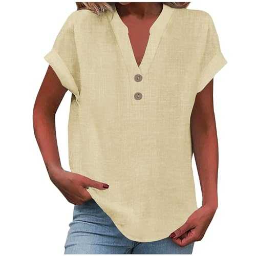 Ladies Tops 2025 Women's Summer Cotton Linen Cap Sleeve T-Shirt Button V Neck Tunic Tops Fashion Baggy Solid Plain Casual Shirts Trendy Blouse
