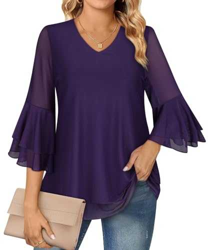 Womens Blouses 3/4 Sleeve Tops Dressy Casual Double Layered V Neck Mesh Chiffon Tunic Shirts
