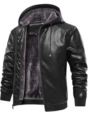 FANARCHER Men’s Faux Leather Jacket Fleece Padded Bomber Motorcycle Jacket with Hood