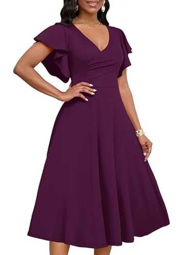 MarryUP Women's Cocktail Midi Dress Elegant V Neck Ruffle Short Sleeve Wrap Wedding Guest Semi Formal A Line Dress