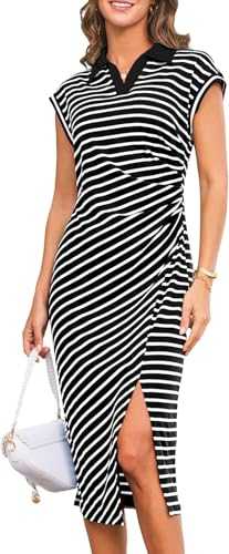 GRACE KARIN Women Casual Midi Striped Dress Short Sleeve V Neck T Shirt Dress Split Bodycon Dress