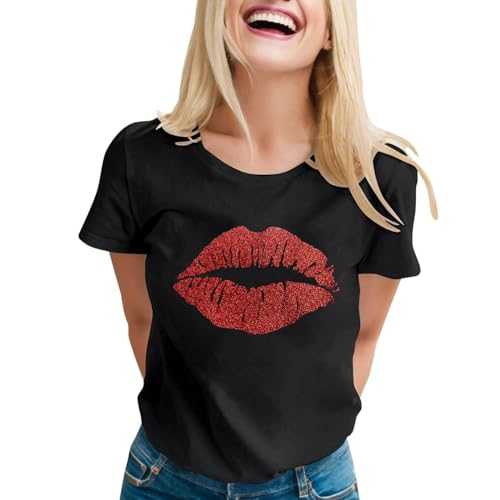 Fhuuly Women's Thick Red Glitter Lips Black T-Shirt - Fashionable Short Sleeve Graphic Tee for Stylish Casual Wear and Night Out