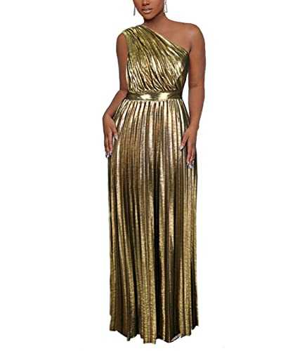 AOMEI Women's Luxury Metallic One Shoulder Sleeveless Elegant Pleated Long Dress